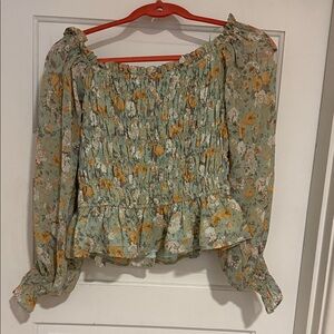Entro Green and Yellow Floral Smocked Blouse